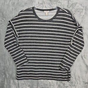 Loft Women's Gray White Zip Side Top  Lg top pullover long sleeve cotton blend